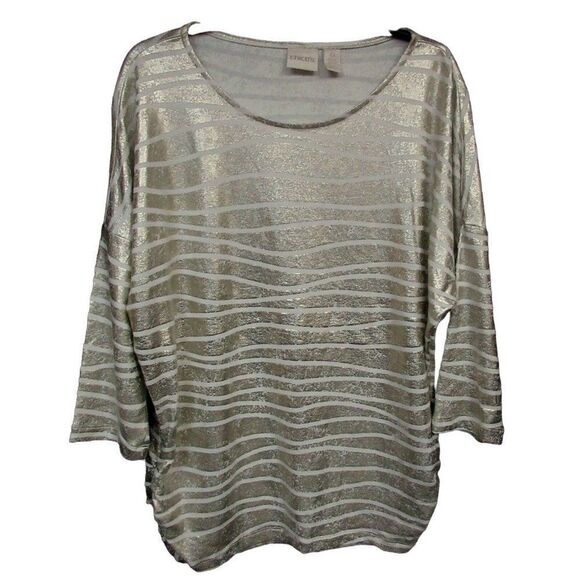 Chico's Metallic Wavy Stripe Gold White Top Sz 0 Ruched Sides Pullover Stretch - Picture 6 of 9